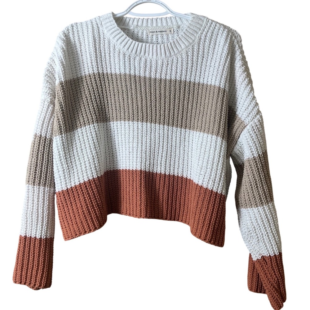 Moon & Madison Colorblock Chenille Knit Sweater Small Boho Striped Cropped Cozy